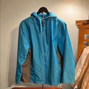 Gray and Blue Raincoat with Hood and Waterproof Shell